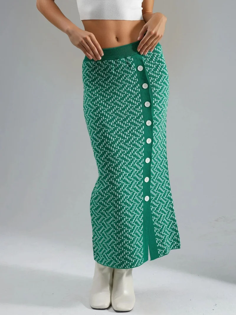 MY FASHION High Waist Geometric Knit Maxi Skirt with Button Closure